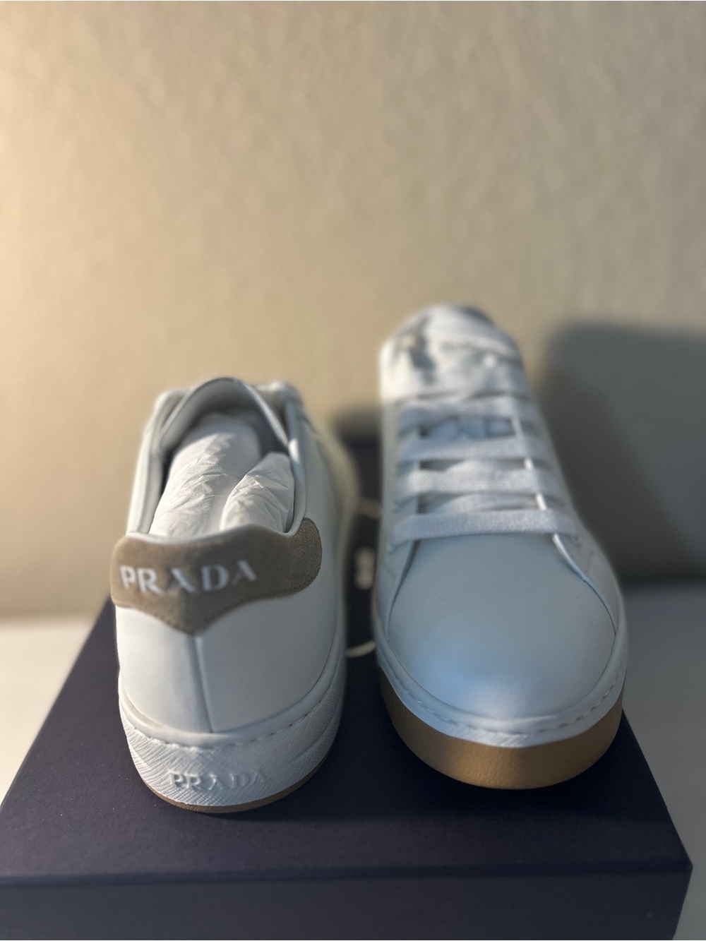Prada White Leather Women’s Sneakers with Tan Sole and Gray Heel Tab - Picture 4 of 5